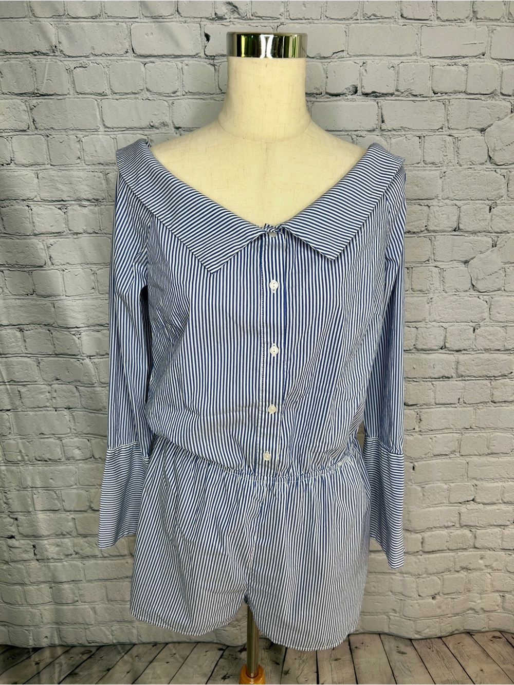 Romeo & Juliet Couture Blue and White Striped Off-Shoulder Romper